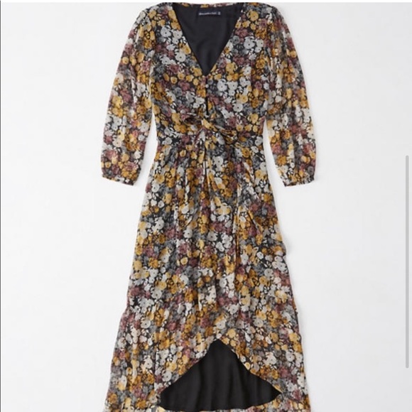 NEW Abercrombie and Fitch Ruffle Hem Midi Dress black floral NWT with scrunchie - Picture 3 of 12